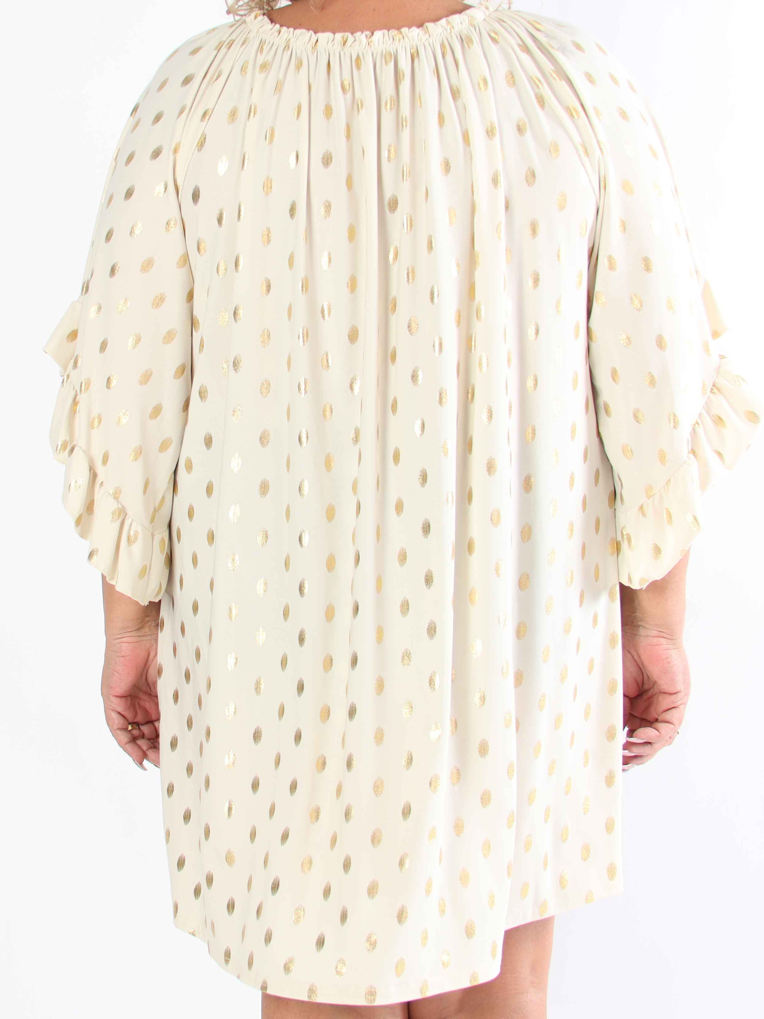 Yasma - Plus size tunikakjole med guld prikker og flæseærmer